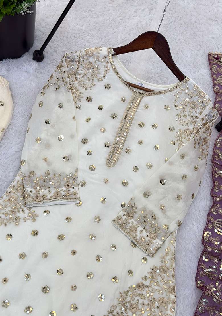 White Embroidery Silk Kurta Set - Indya