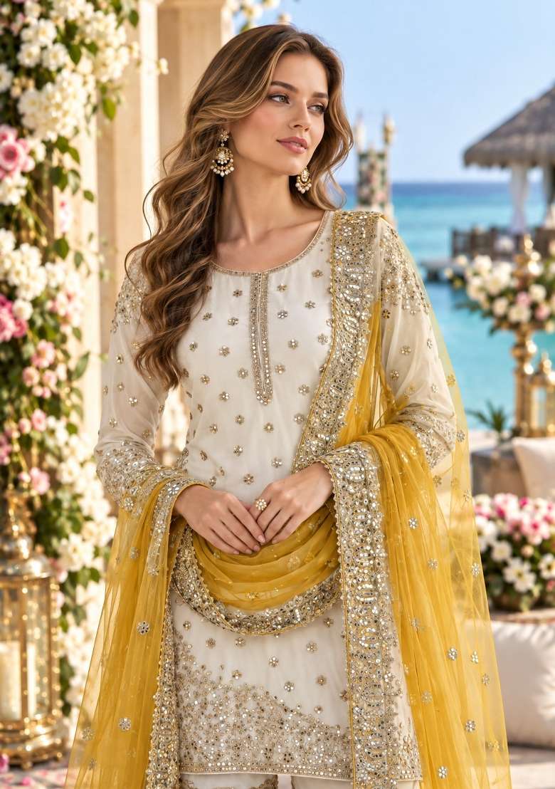 White Embroidery Silk Kurta Set - Indya
