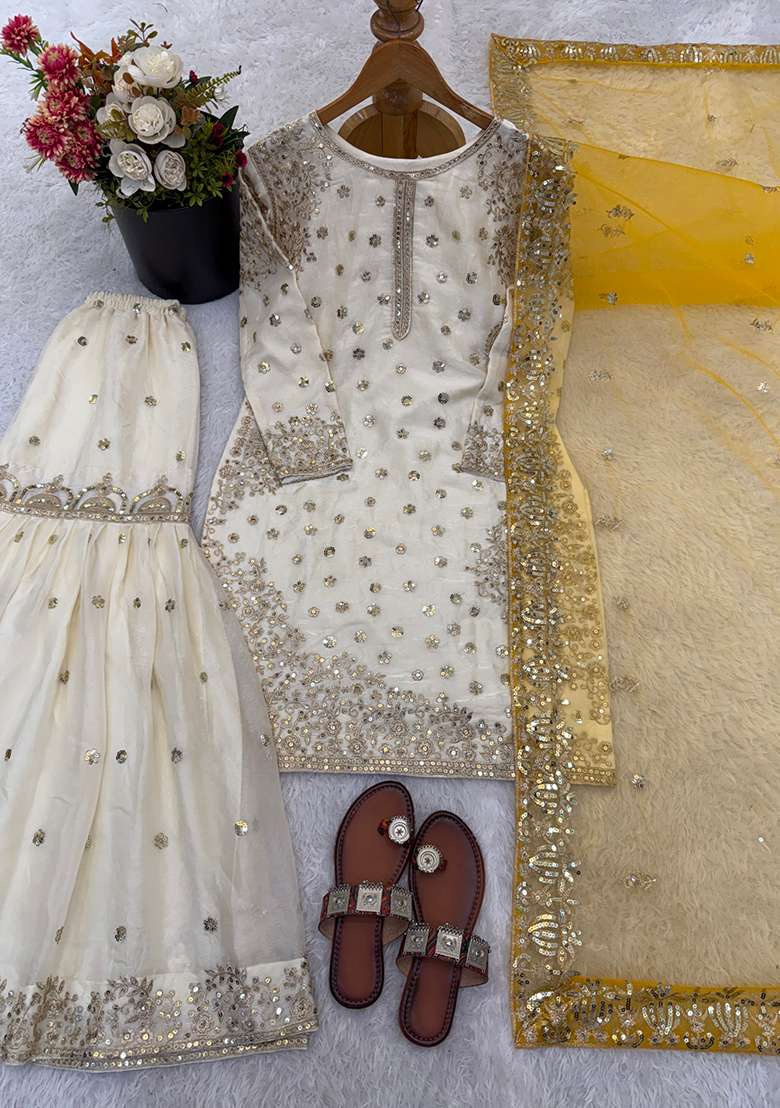 White Embroidery Silk Kurta Set - Indya