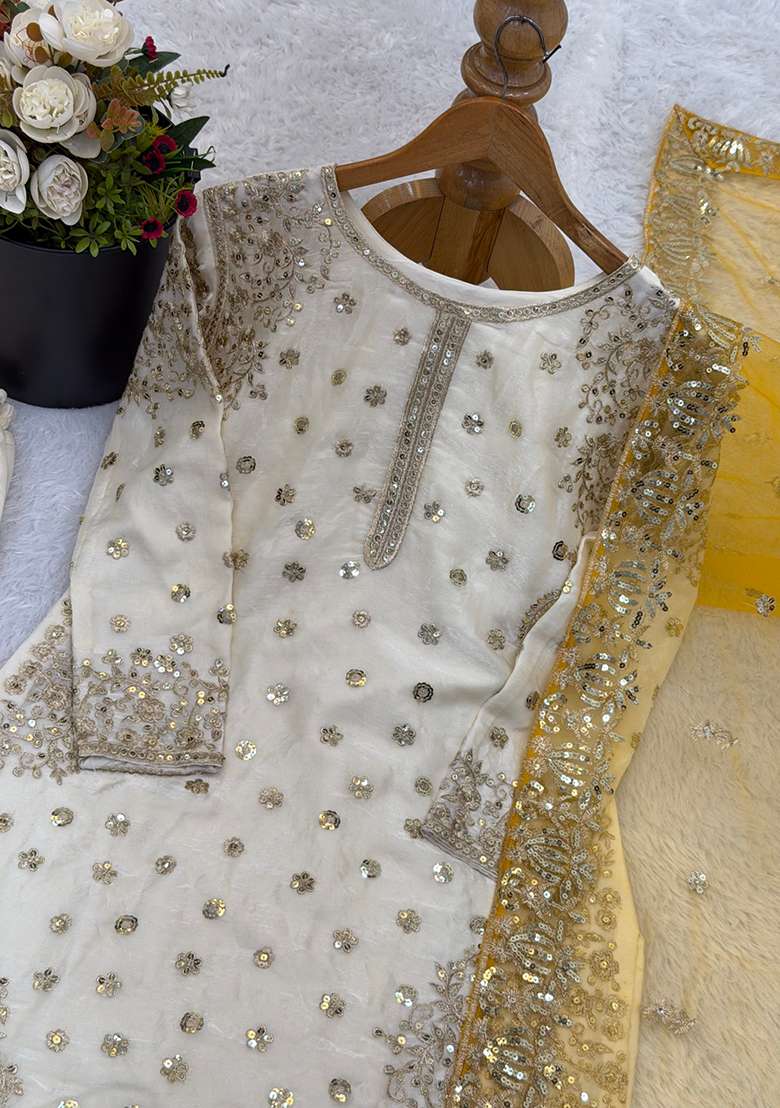 White Embroidery Silk Kurta Set - Indya