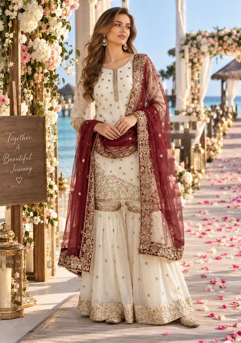 White Embroidery Silk Kurta Set - Indya