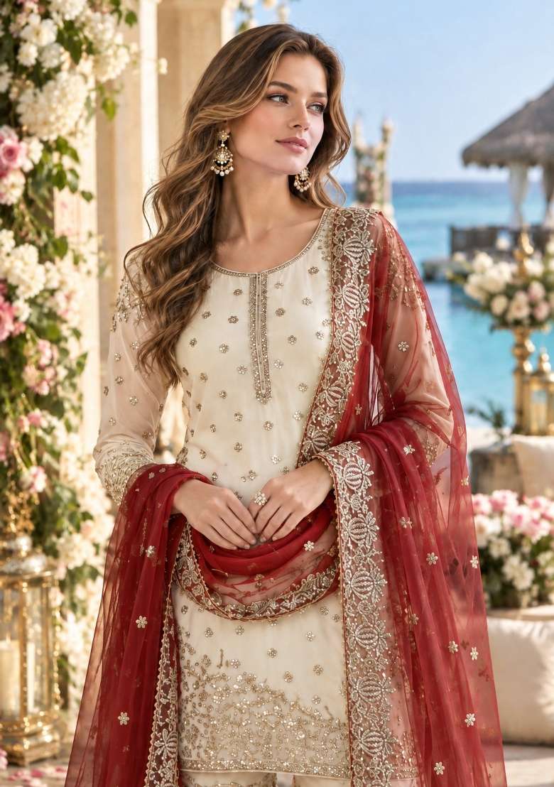 White Embroidery Silk Kurta Set - Indya