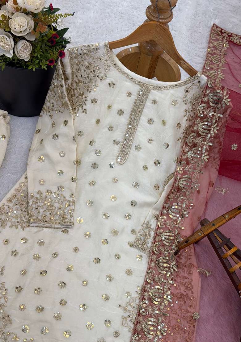 White Embroidery Silk Kurta Set - Indya