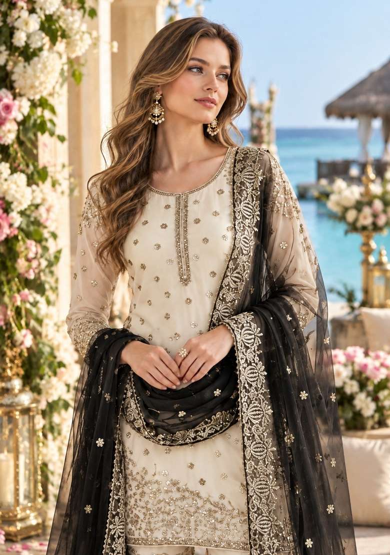 White Embroidery Silk Kurta Set - Indya