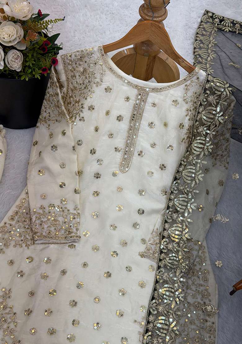 White Embroidery Silk Kurta Set - Indya