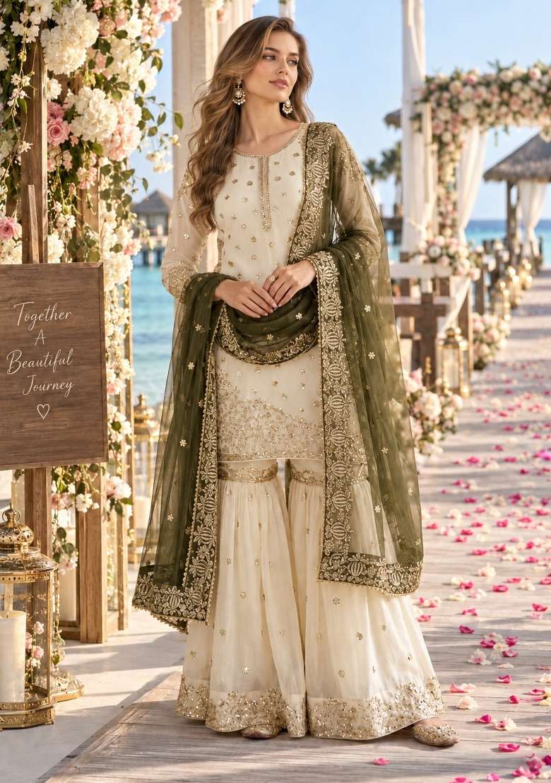White Embroidery Silk Kurta Set - Indya