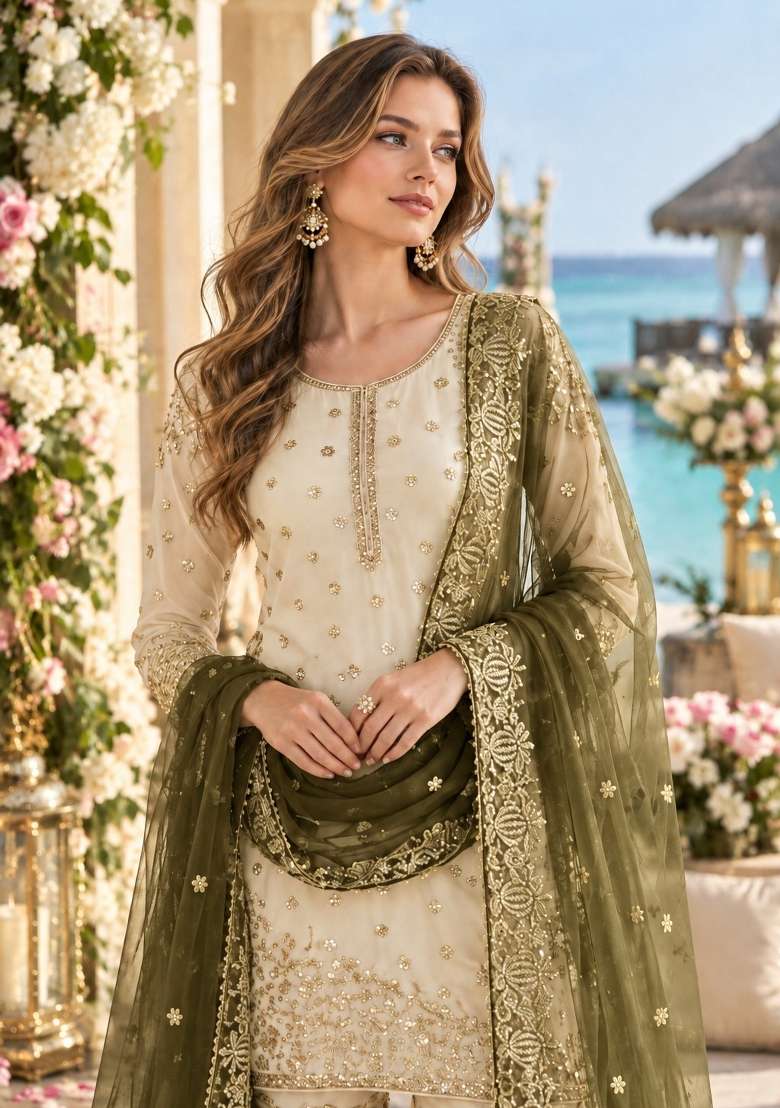 White Embroidery Silk Kurta Set - Indya