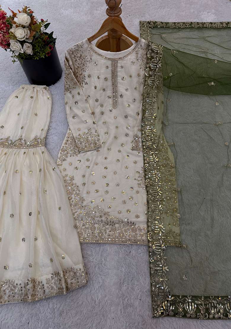White Embroidery Silk Kurta Set - Indya