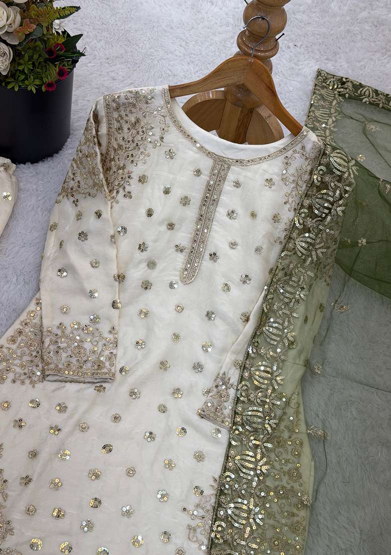White Embroidery Silk Kurta Set - Indya