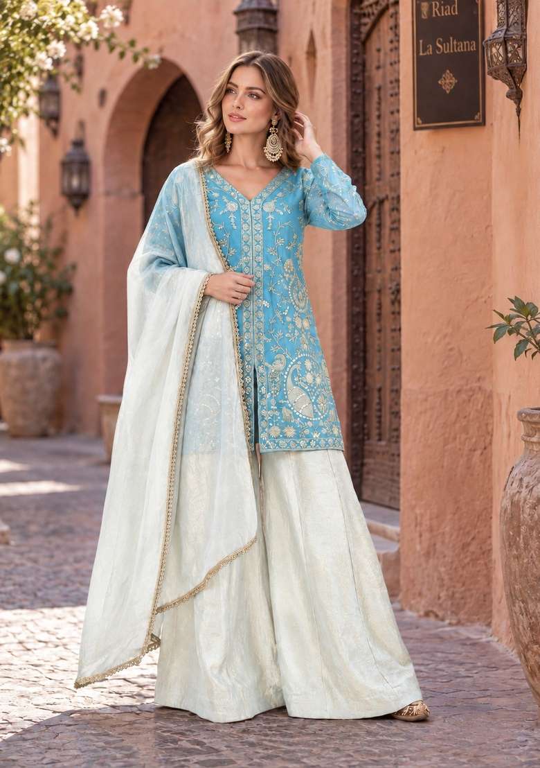 Sky Blue Embroidery Silk Kurta Set - Indya