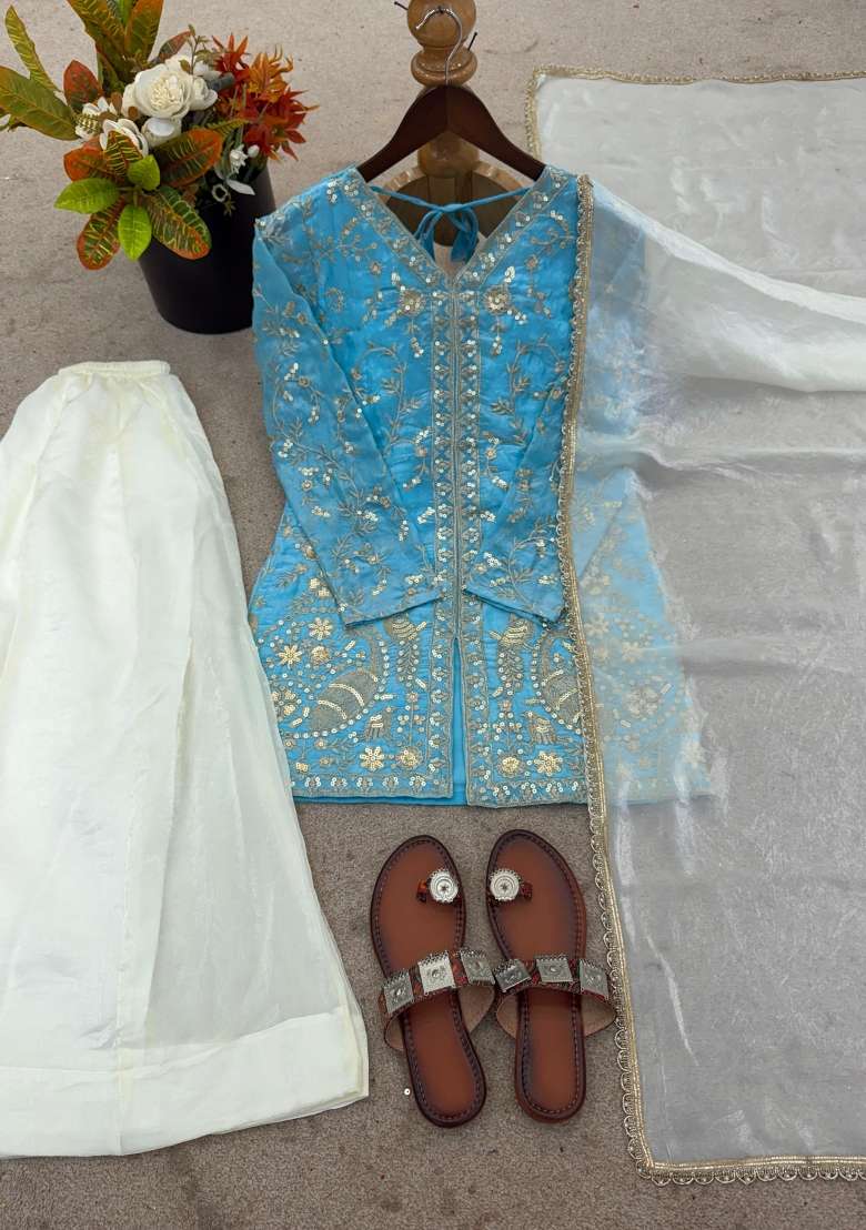 Sky Blue Embroidery Silk Kurta Set - Indya