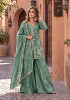 Sea Green Embroidery Silk Kurta Set