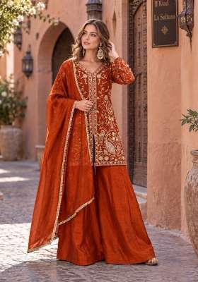 Orange Embroidery Silk Kurta Set