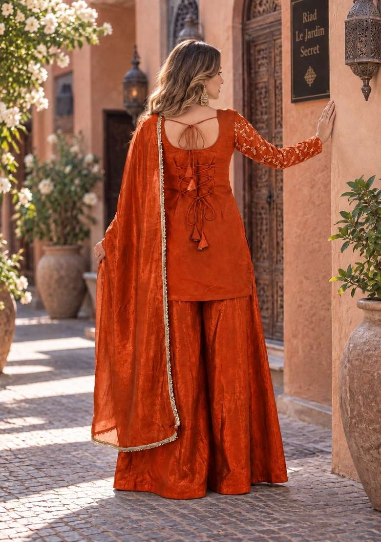 Orange Embroidery Silk Kurta Set - Indya