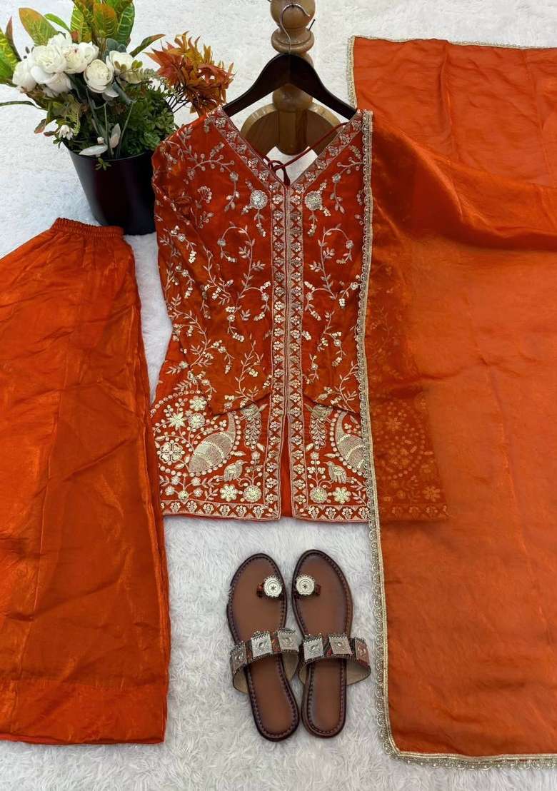 Orange Embroidery Silk Kurta Set - Indya