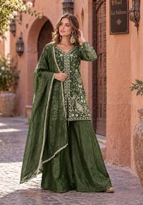 Dark Green Embroidery Silk Kurta Set