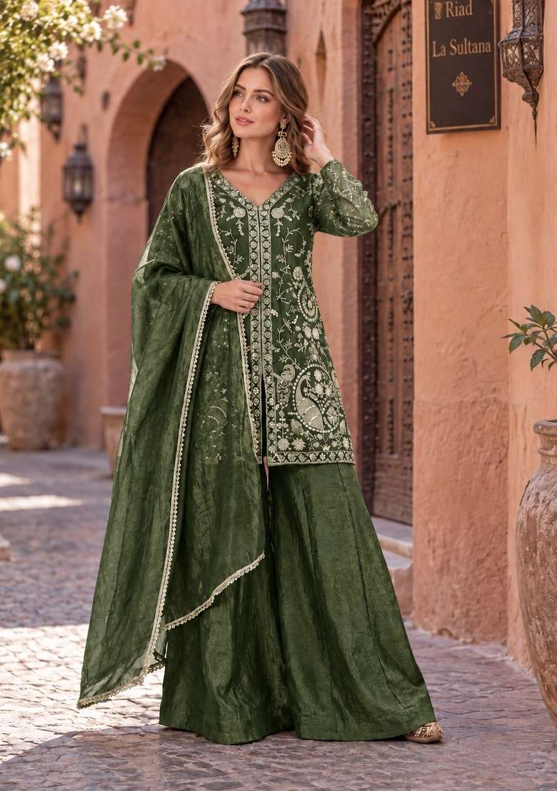 Dark Green Embroidery Silk Kurta Set - Indya