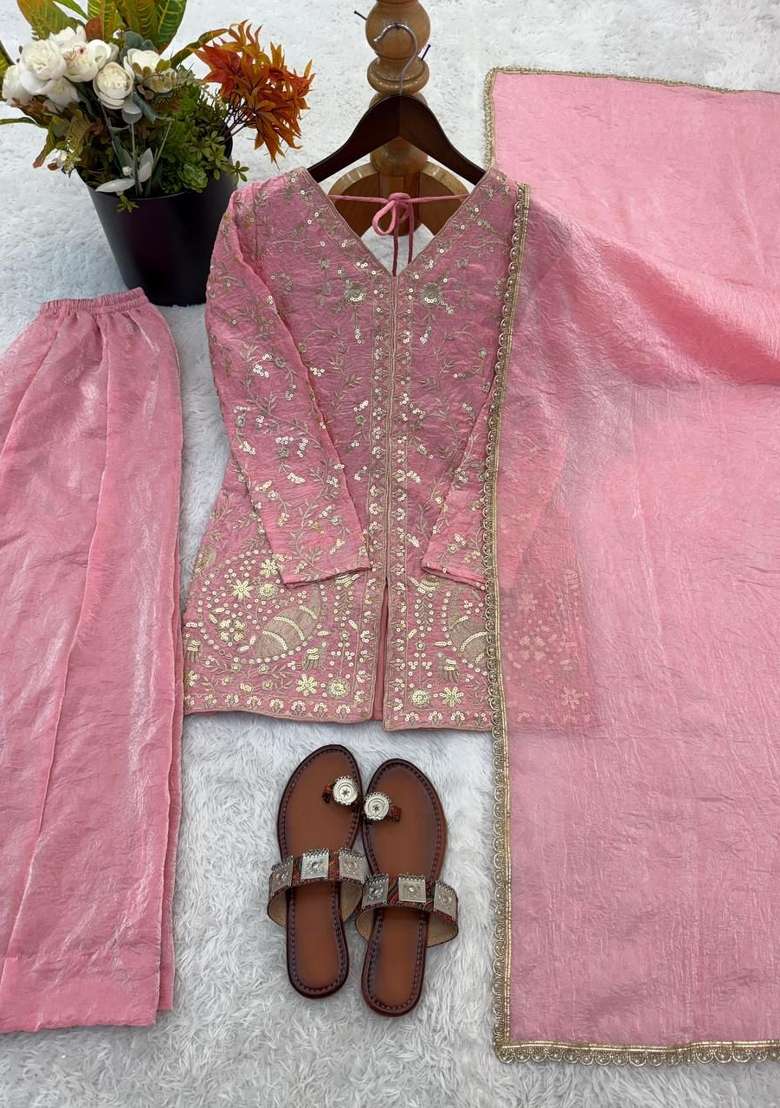Pink Embroidery Silk Kurta Set - Indya