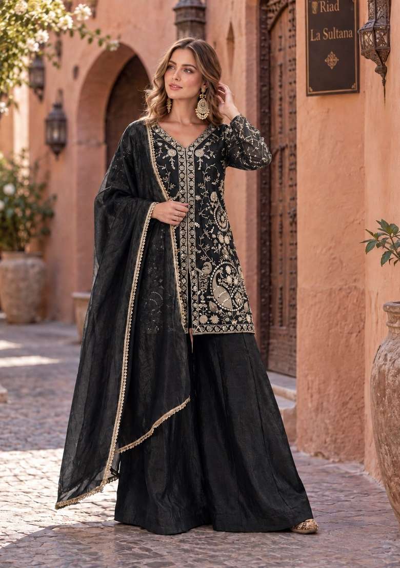 Black Embroidery Silk Kurta Set - Indya