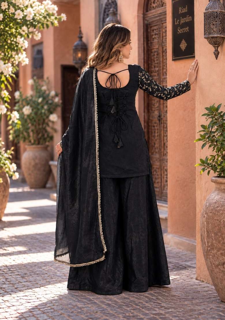 Black Embroidery Silk Kurta Set - Indya