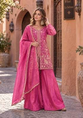 Rani Pink Embroidery Silk Kurta Set