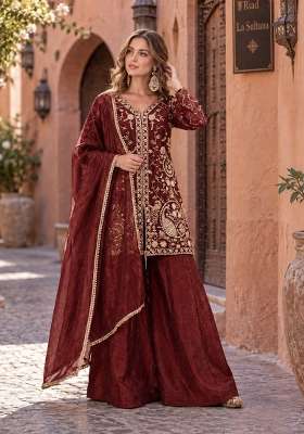 Maroon Embroidery Silk Kurta Set
