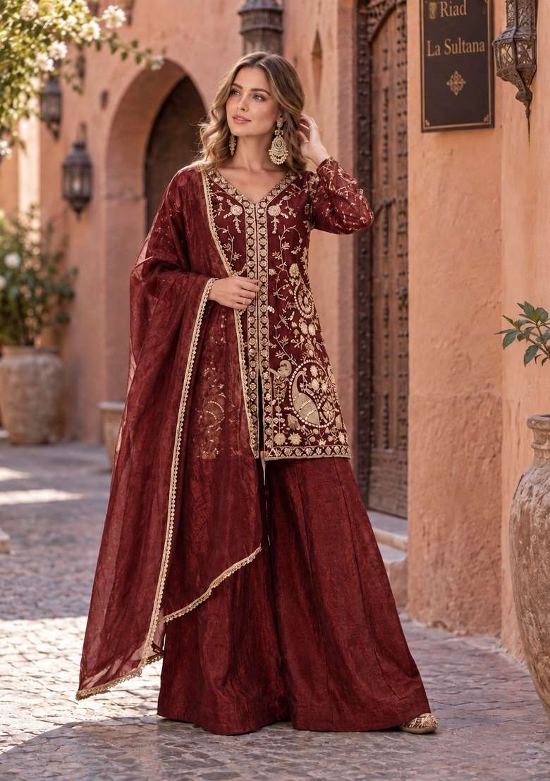 Maroon Embroidery Silk Kurta Set - Indya