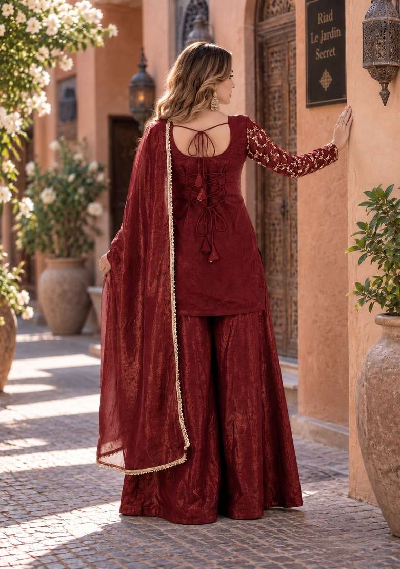 Maroon Embroidery Silk Kurta Set - Indya