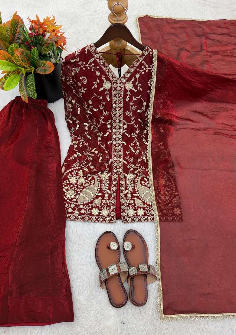 Maroon Embroidery Silk Kurta Set - Indya