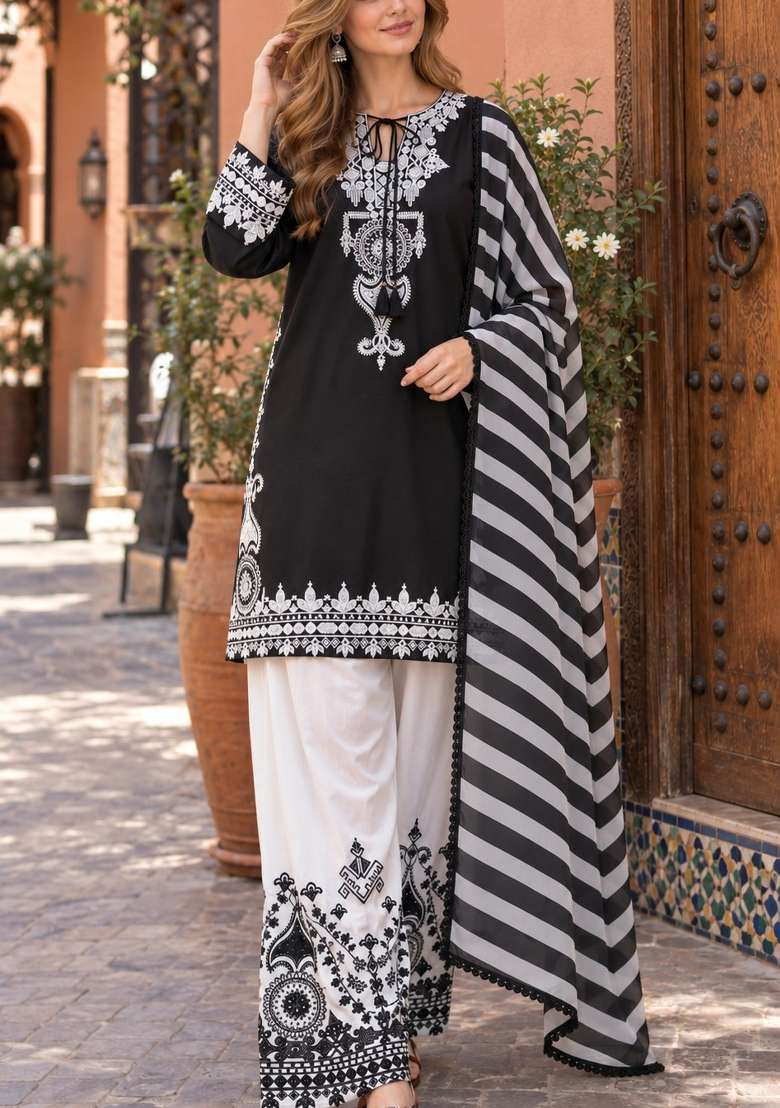 Black Embroidery Crepe Kurta Set - Indya