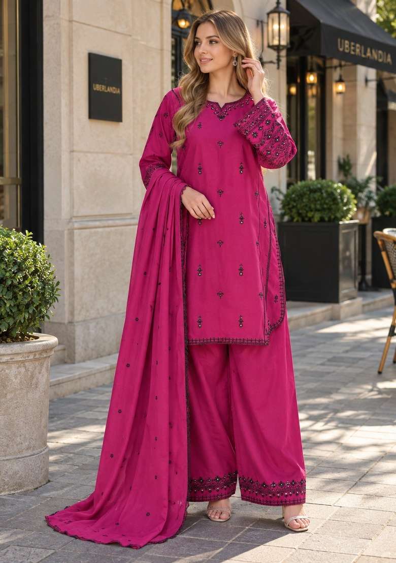 Purple Embroidery Cotton Kurta Set - Indya