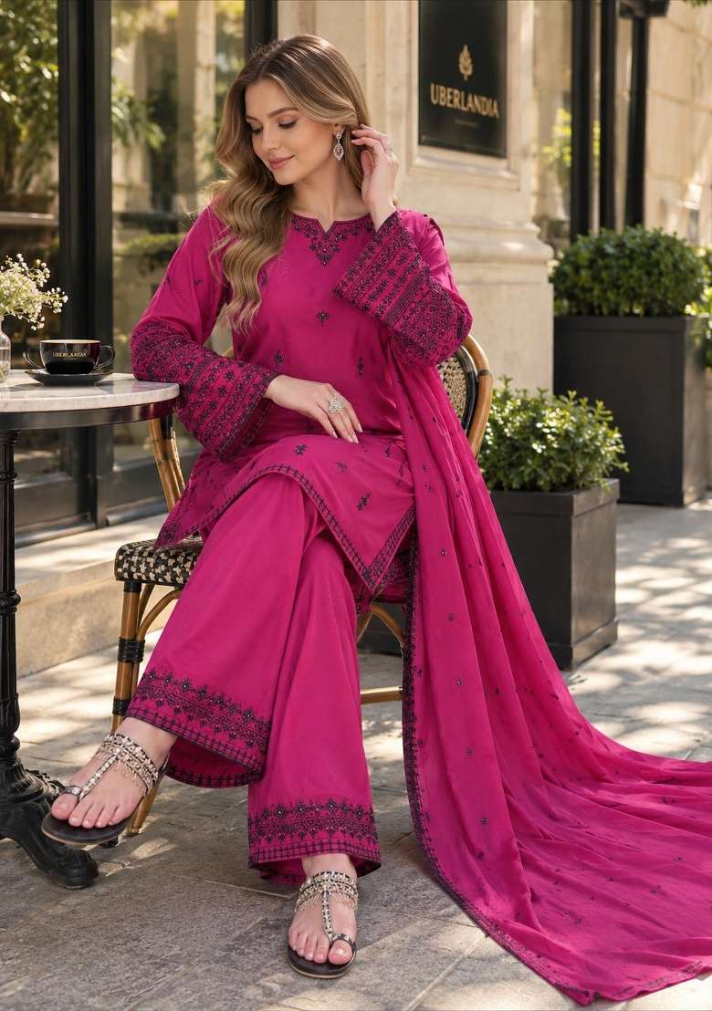Purple Embroidery Cotton Kurta Set - Indya