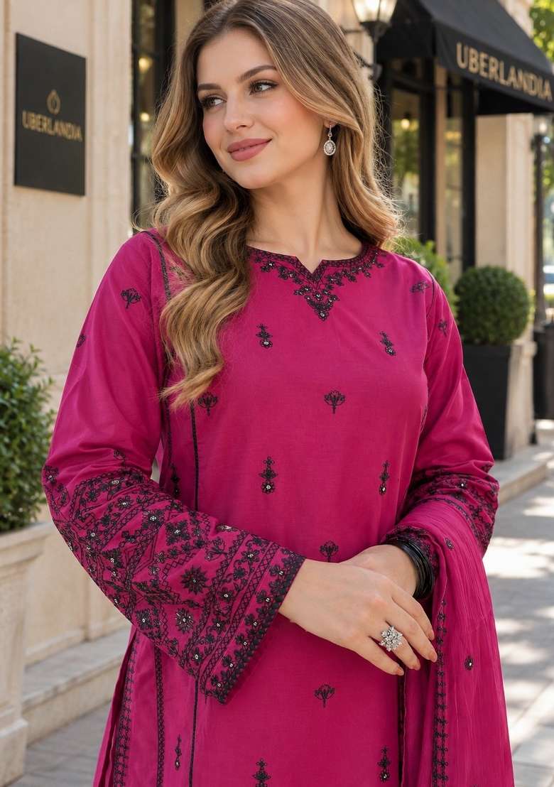 Purple Embroidery Cotton Kurta Set - Indya