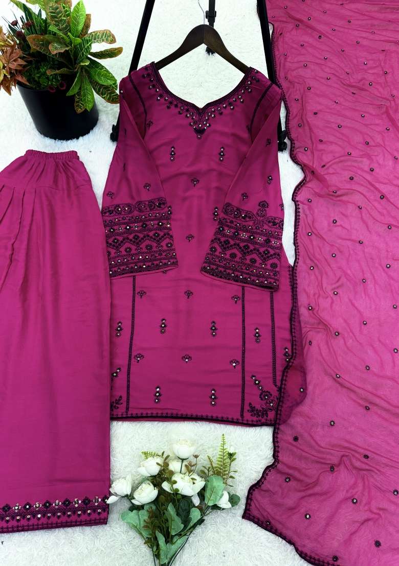 Purple Embroidery Cotton Kurta Set - Indya
