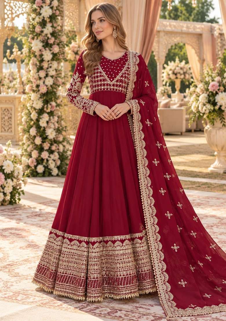 Maroon Embroidery Georgette Anarkali Set - Indya