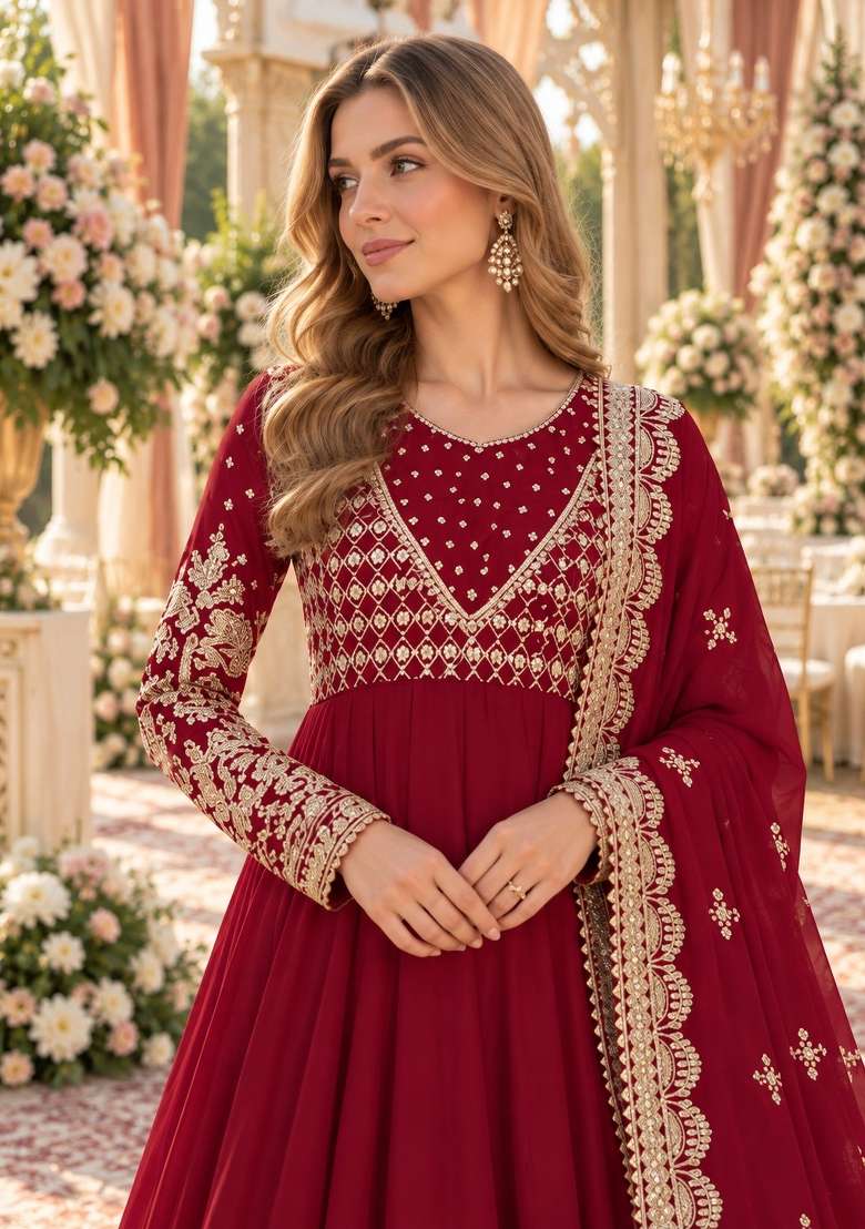 Maroon Embroidery Georgette Anarkali Set - Indya