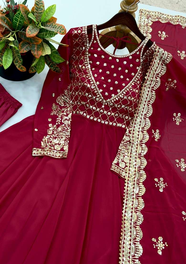 Maroon Embroidery Georgette Anarkali Set - Indya