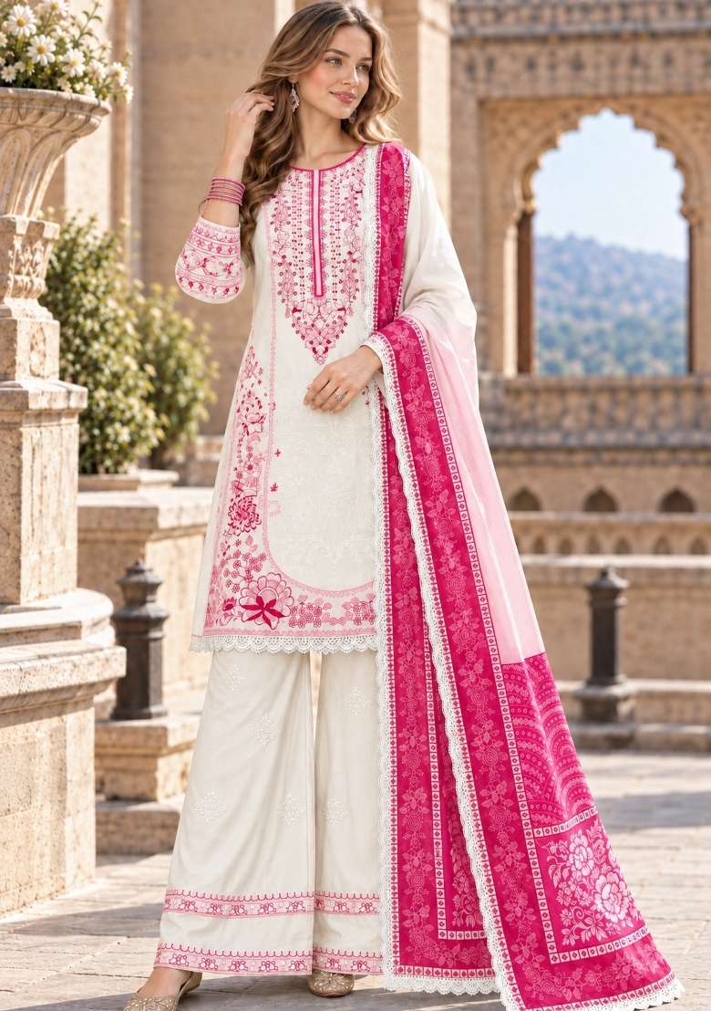 White Embroidery Rayon Kurta Set - Indya
