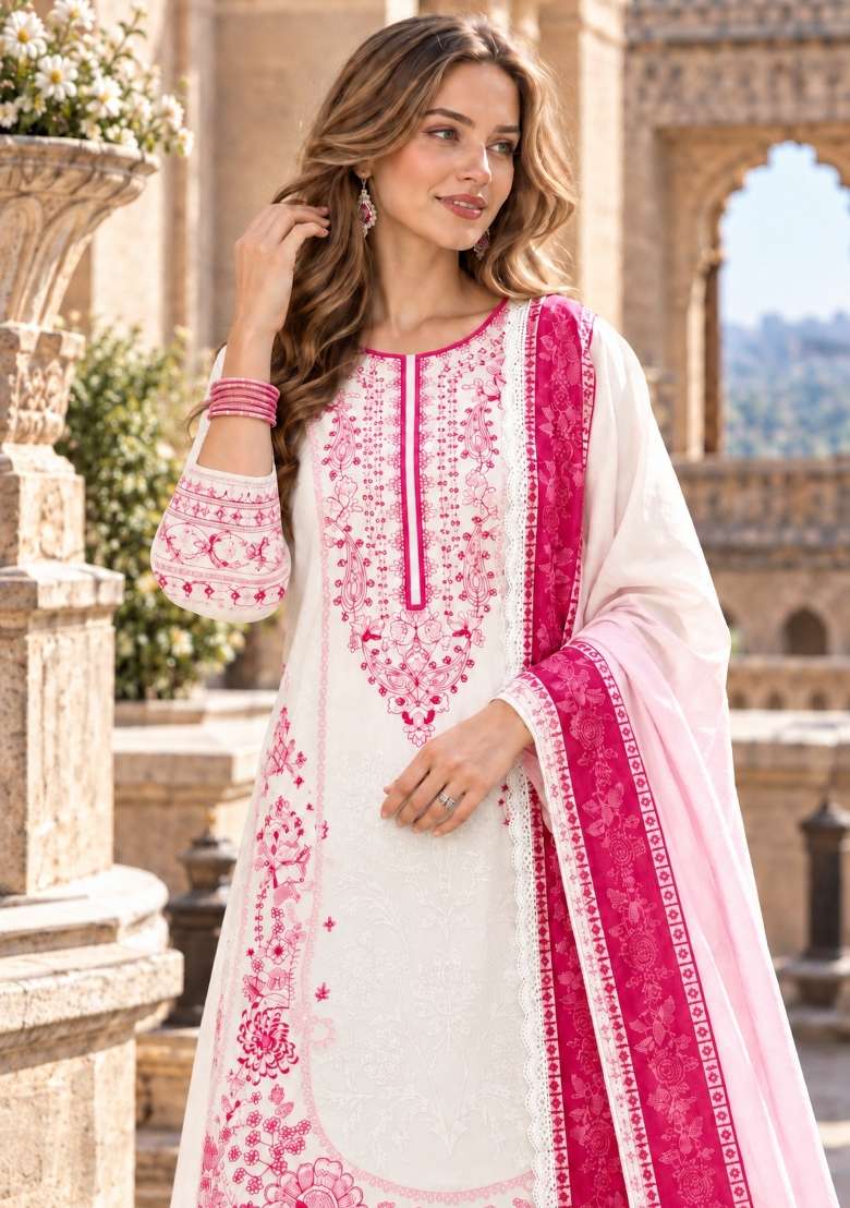 White Embroidery Rayon Kurta Set - Indya