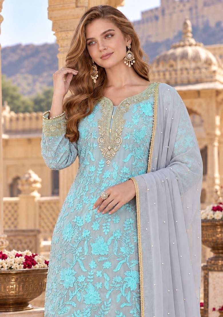 Grey Embroidery Georgette Kurta Set - Indya