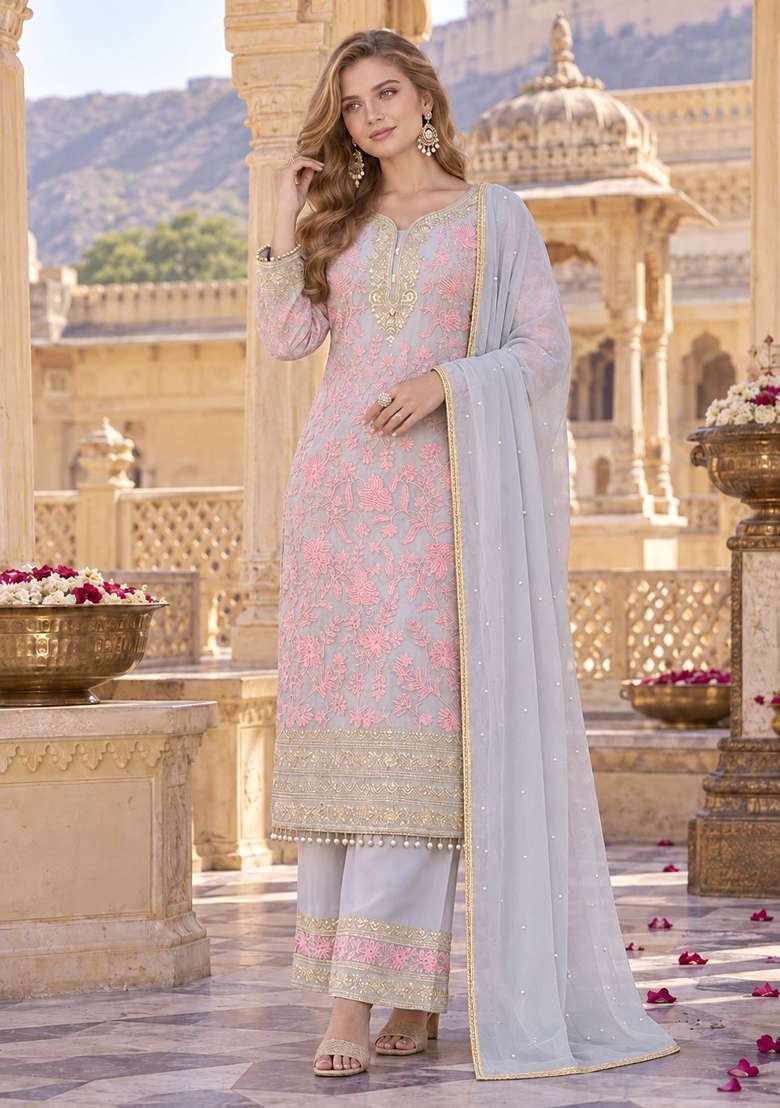 Grey Embroidery Georgette Kurta Set - Indya