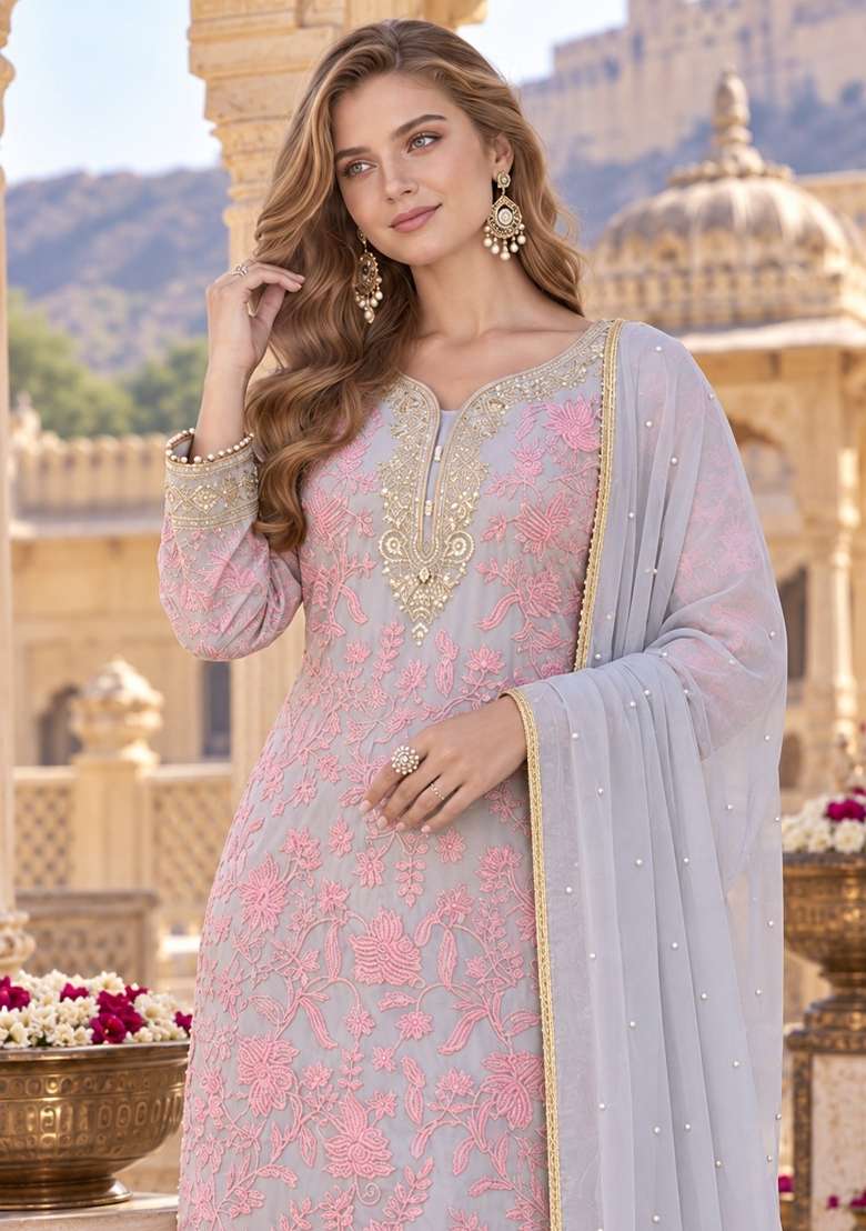 Grey Embroidery Georgette Kurta Set - Indya