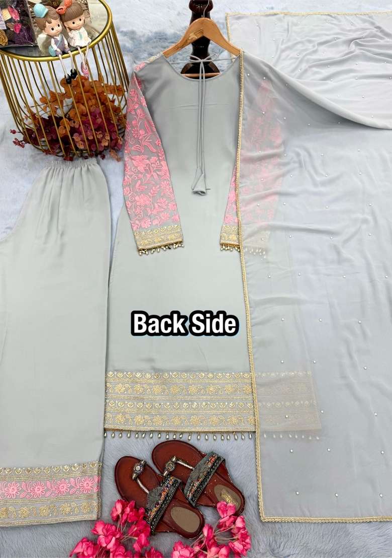 Grey Embroidery Georgette Kurta Set - Indya