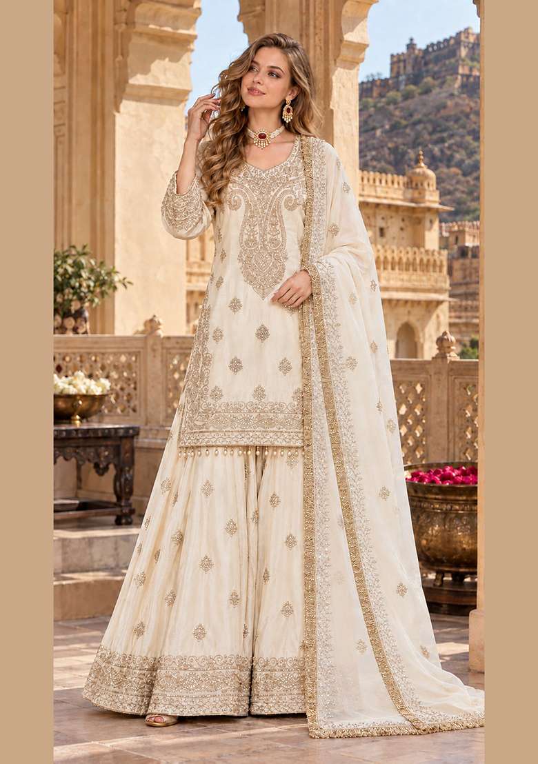 Beige Embroidery Silk Kurta Set - Indya