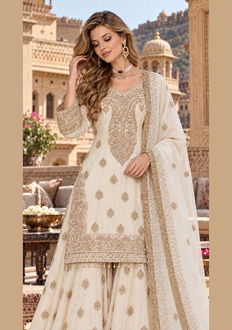 Beige Embroidery Silk Kurta Set - Indya