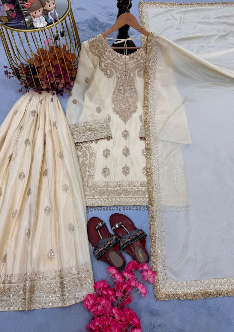Beige Embroidery Silk Kurta Set - Indya