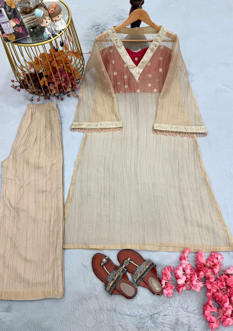 Beige Sequin Work Tissue Kurta Set - Indya