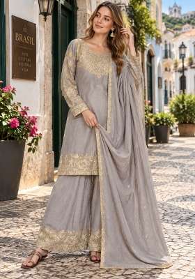 Grey Sequin Work Silk Kurta Set