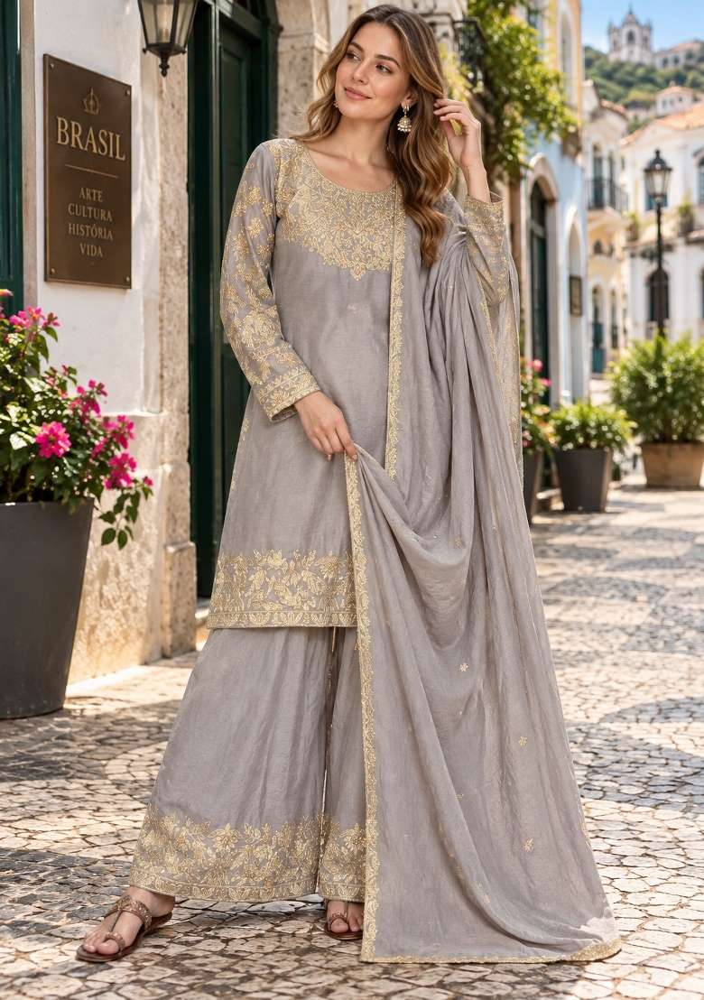 Grey Sequin Work Silk Kurta Set - Indya