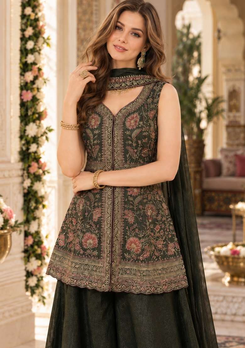 Mehendi Embroidery Georgette Kurta Set - Indya